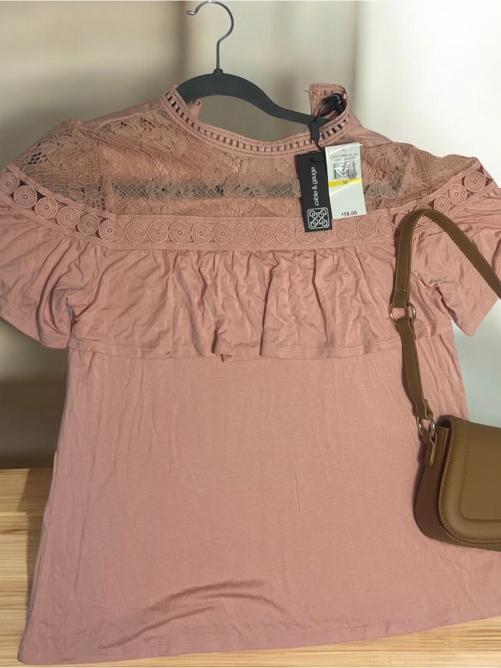 Cable & Gauge Dusty Pink Lace Yoke Ruffle Top